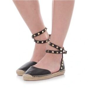 Black Leather Studded Espadrille Flats
